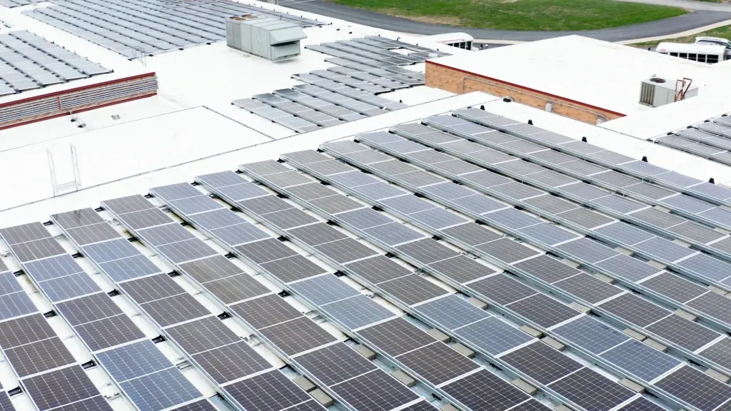 Solar panels on commercial roof.