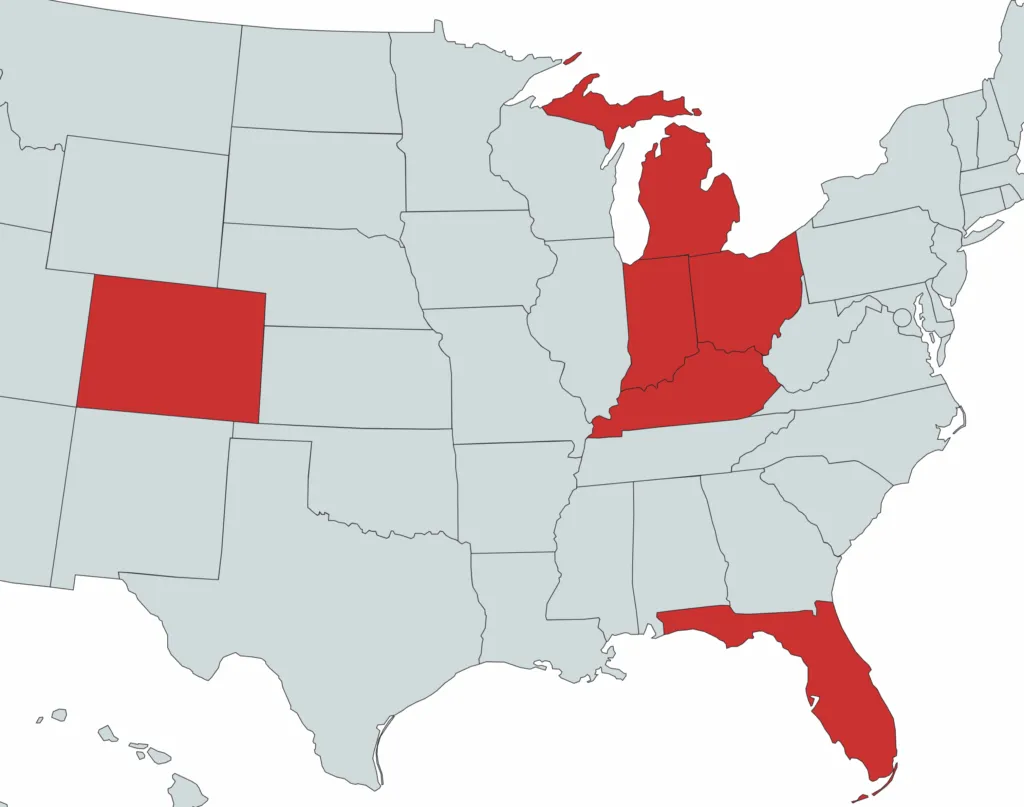 map of US with Indiana, Florida, Ohio, Kentucky, Michigan and Colorado highlighting to show Royalty Roofing residential service area