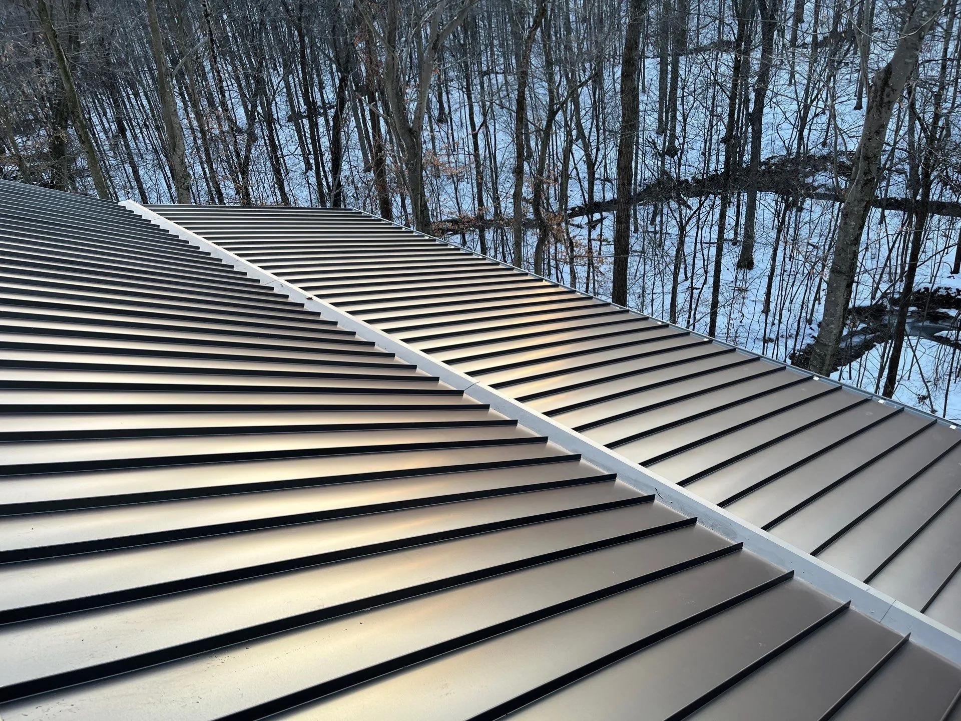 showcasing the metal panels on a standing seam metal roof in the snowy woods