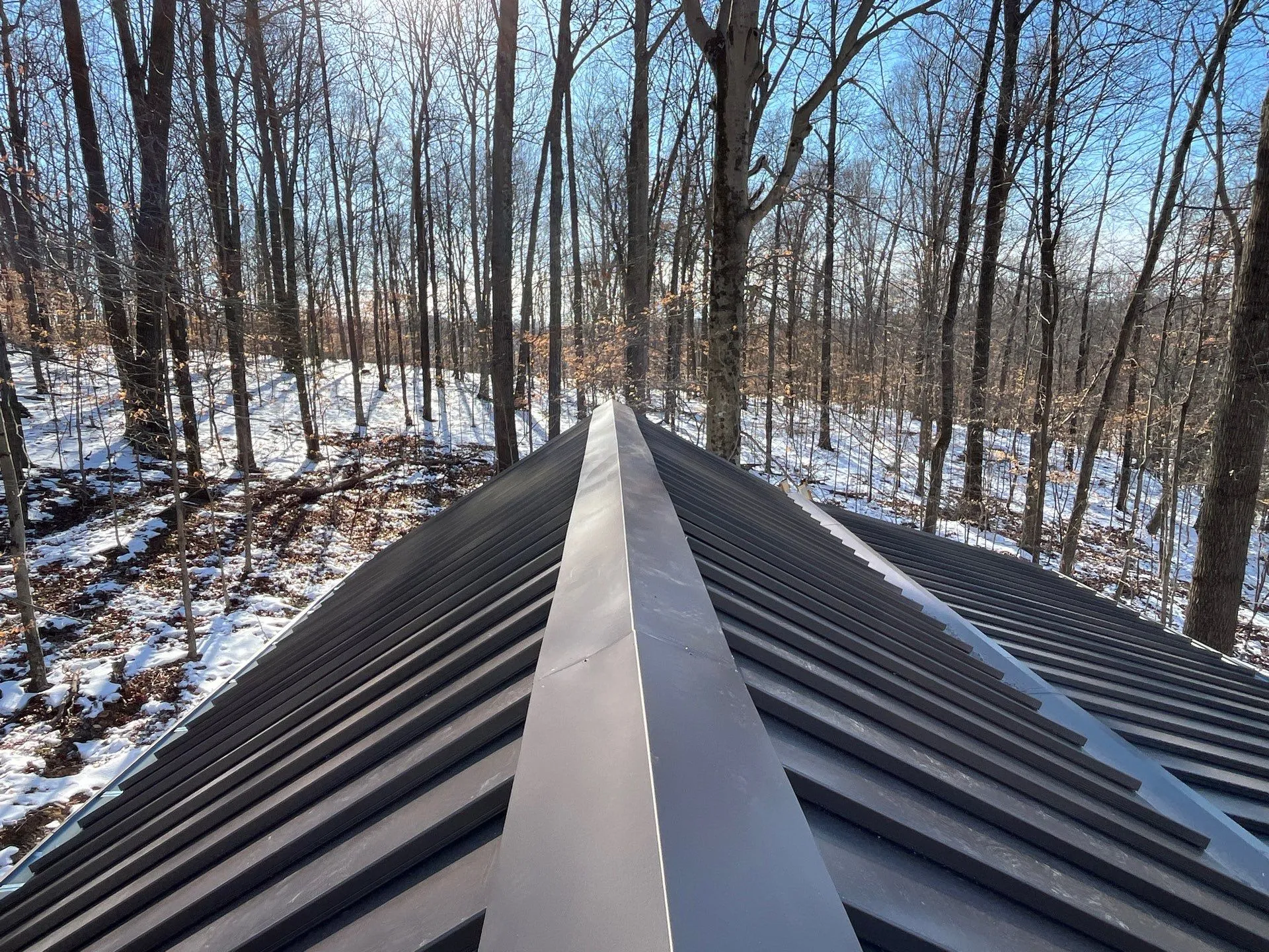 standing seam metal roof installed on cabin in woods