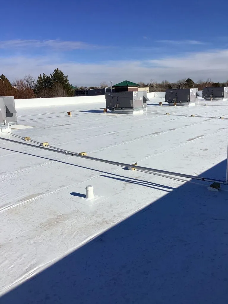 new duro-last single-ply flat roof on commercial building